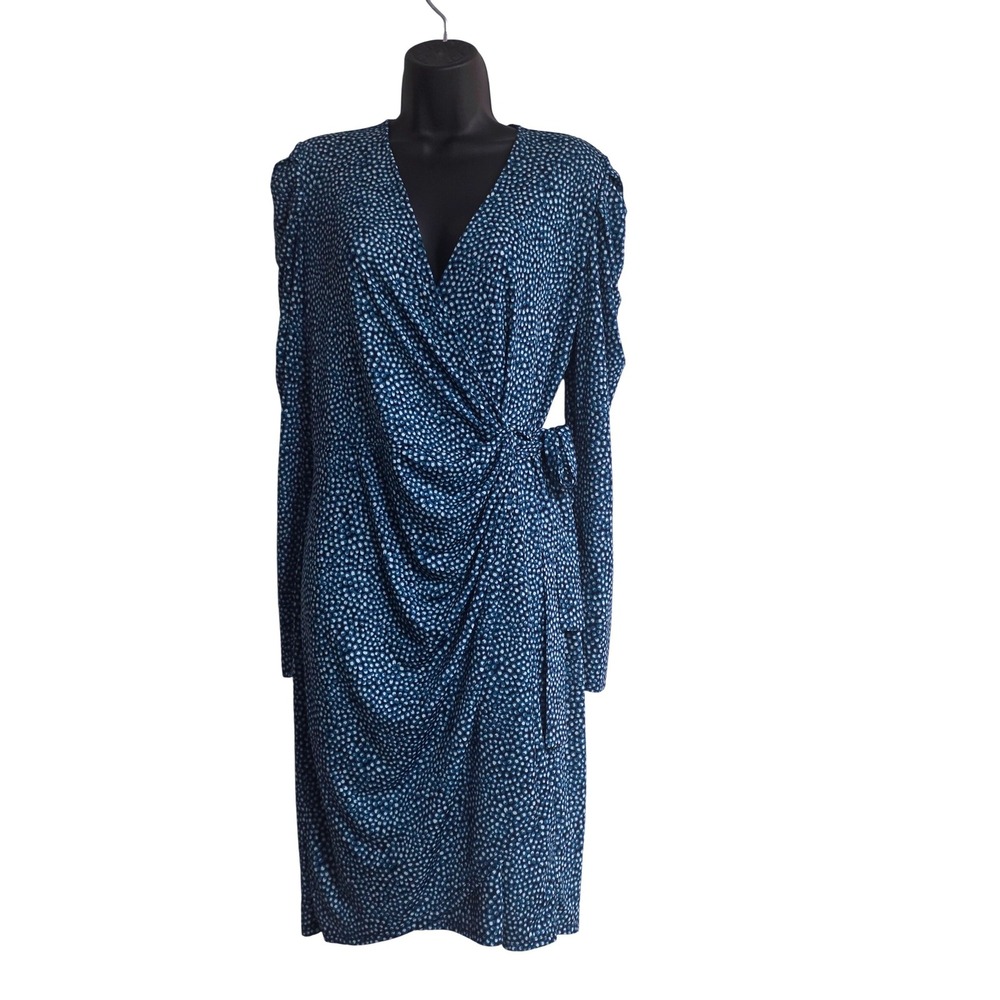 Lark & Ro Womens Teal Blue Micro Dot Faux Wrap Long Sleeve Dress Size M